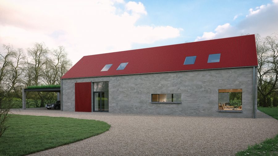 Patrick Bradley Architects Red Barn House Modern Rural Armagh Barn Inside Outside Spaces Vernacular Render Glazing Contemporary Cool Northern Ireland Irish 1 TNI