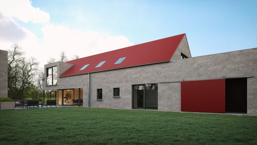 Patrick Bradley Architects Red Barn House Modern Rural Armagh Barn Inside Outside Spaces Vernacular Render Glazing Contemporary Cool Northern Ireland Irish 3