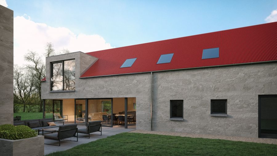 Patrick Bradley Architects Red Barn House Modern Rural Armagh Barn Inside Outside Spaces Vernacular Render Glazing Contemporary Cool Northern Ireland Irish 4