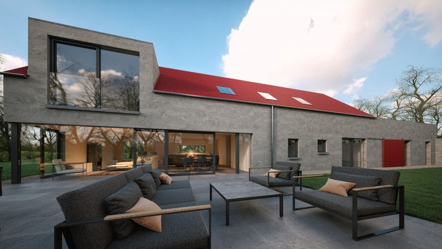 Patrick Bradley Architects Red Barn House Modern Rural Armagh Barn Inside Outside Spaces Vernacular Render Glazing Contemporary Cool Northern Ireland Irish 5